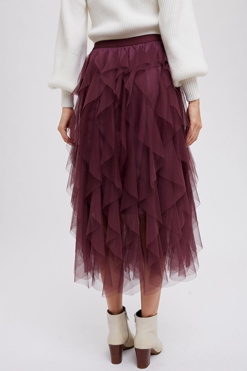 Misty - Sprial Ruffled Tulle Midi Skirt Plum